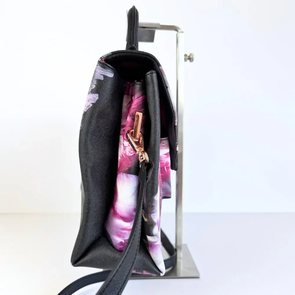 Ted Baker Opulent Bloom Satchel Crossbody Bag Black Floral Rose Gold Hardware